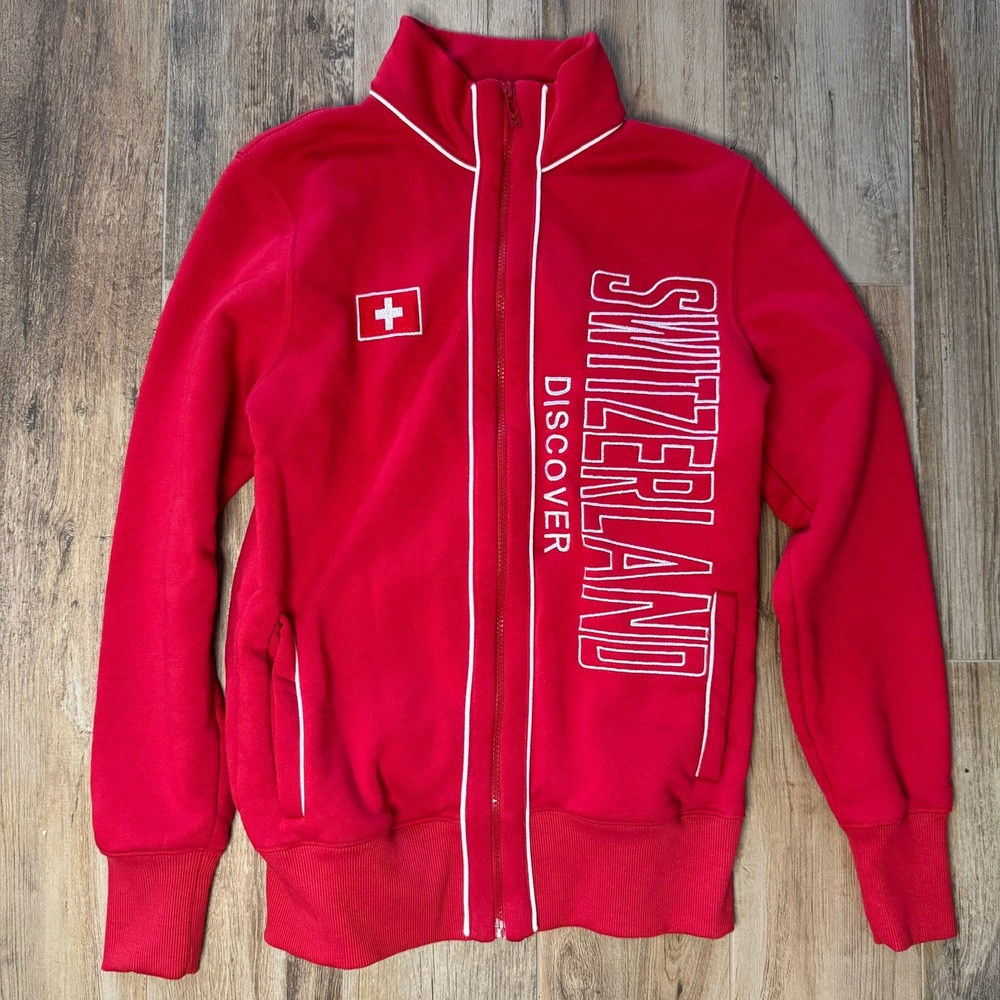 Switzerland Discover Red Zip Track Jacket Mens Souvenir Swiss Flag Mock Neck‎ M